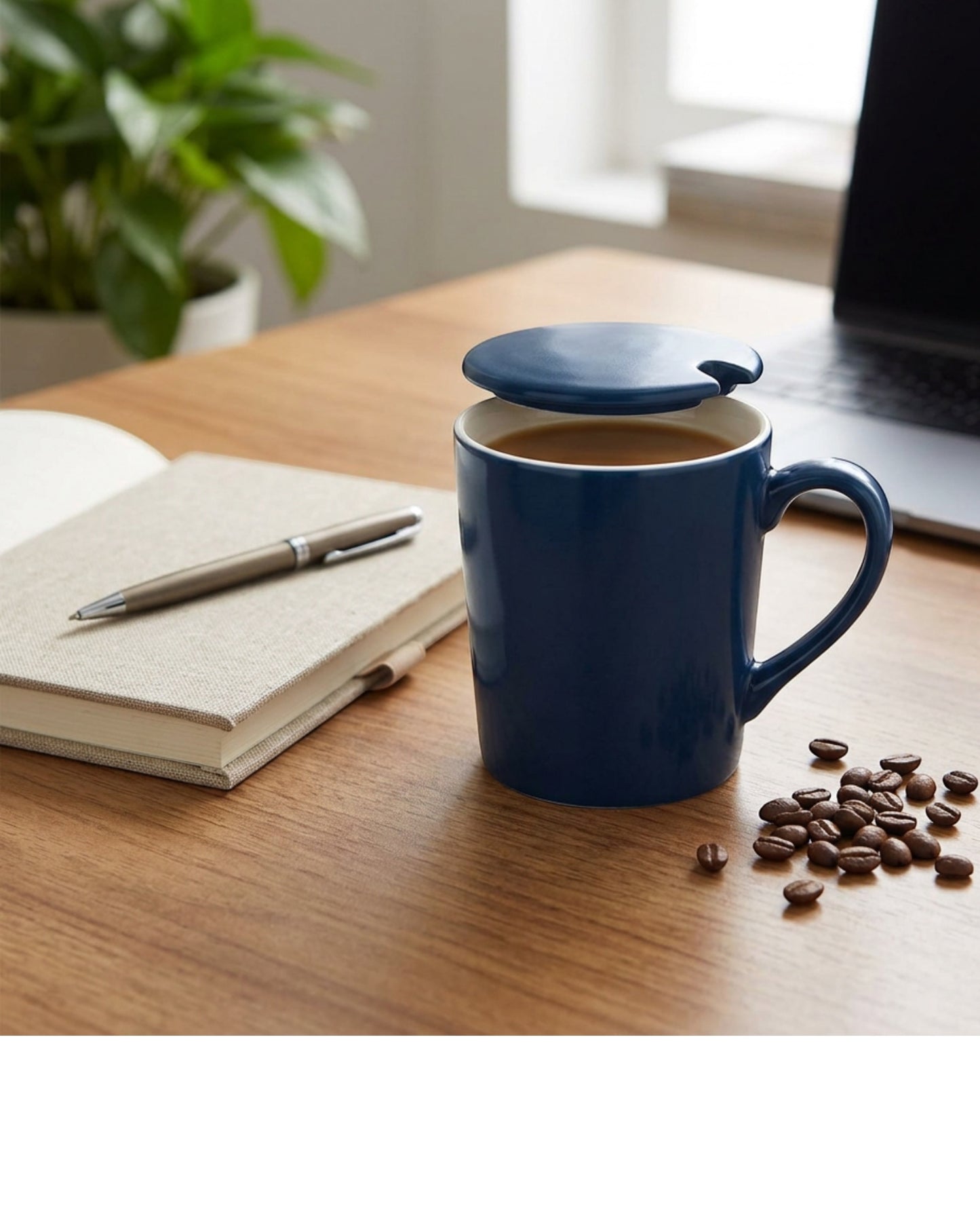 Wvkmb Ceramic Mug with Lid Navy 13 oz Spoon Slot