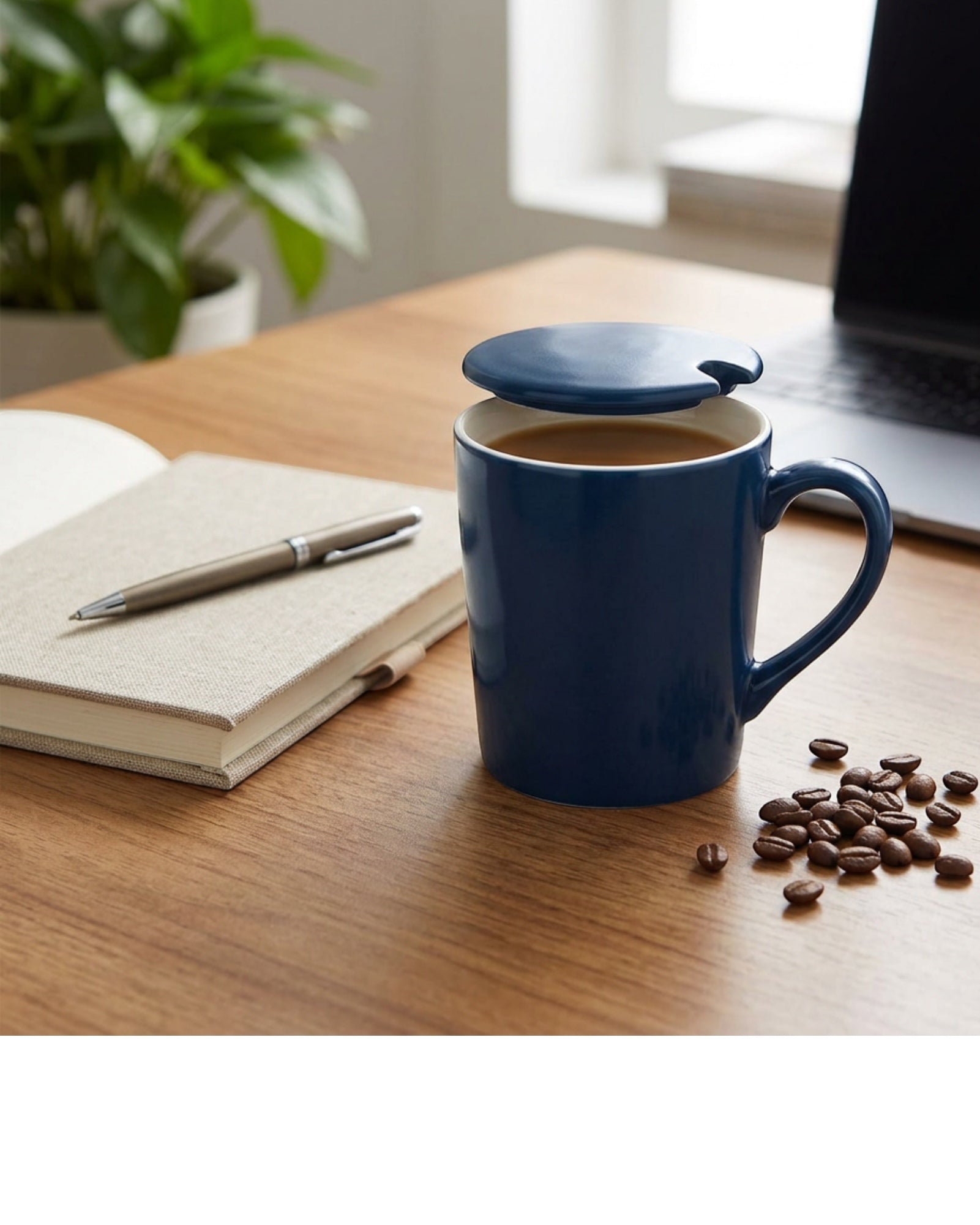 Wvkmb Ceramic Mug with Lid Navy 13 oz Spoon Slot