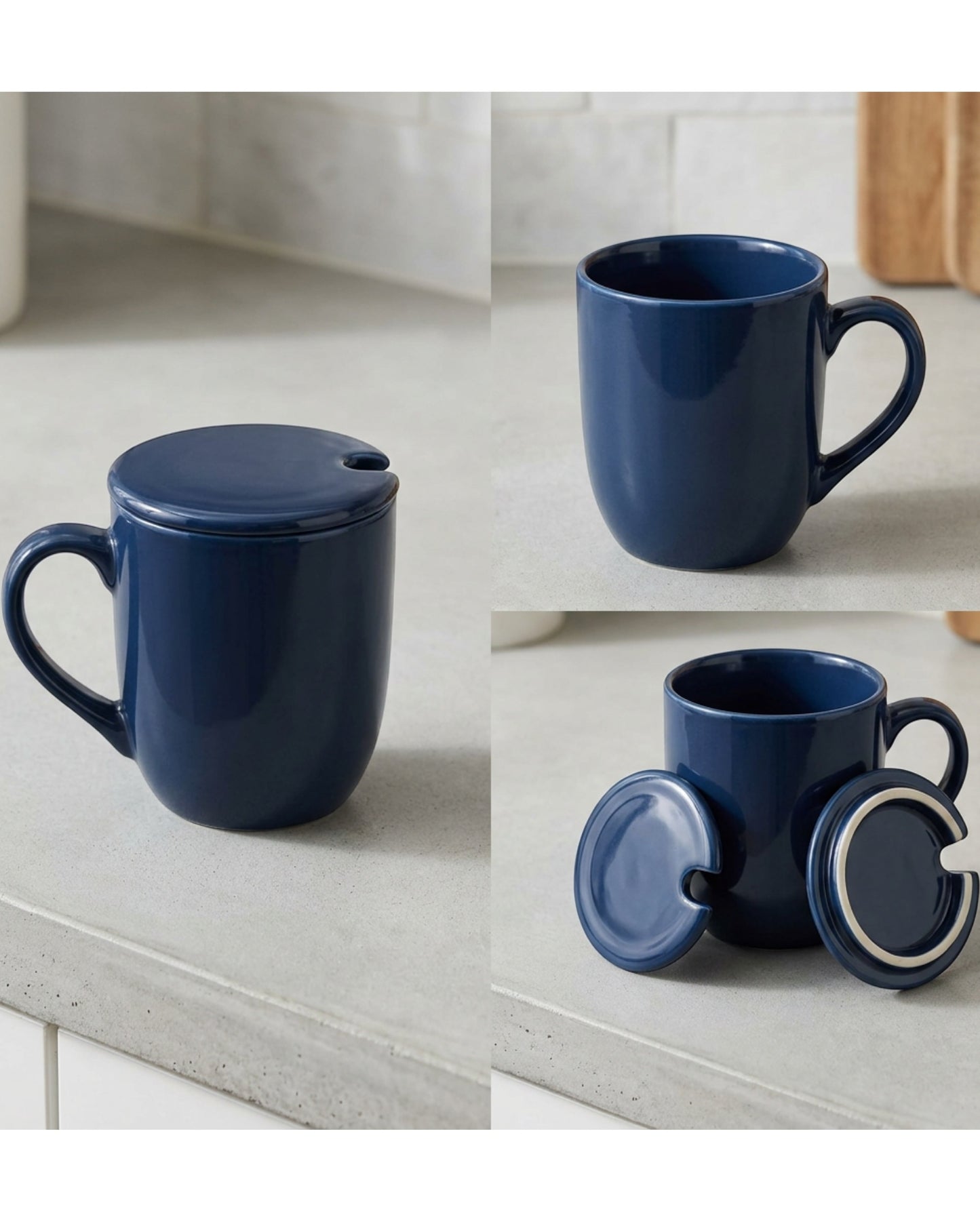 Wvkmb Ceramic Mug with Lid Navy 13 oz Spoon Slot