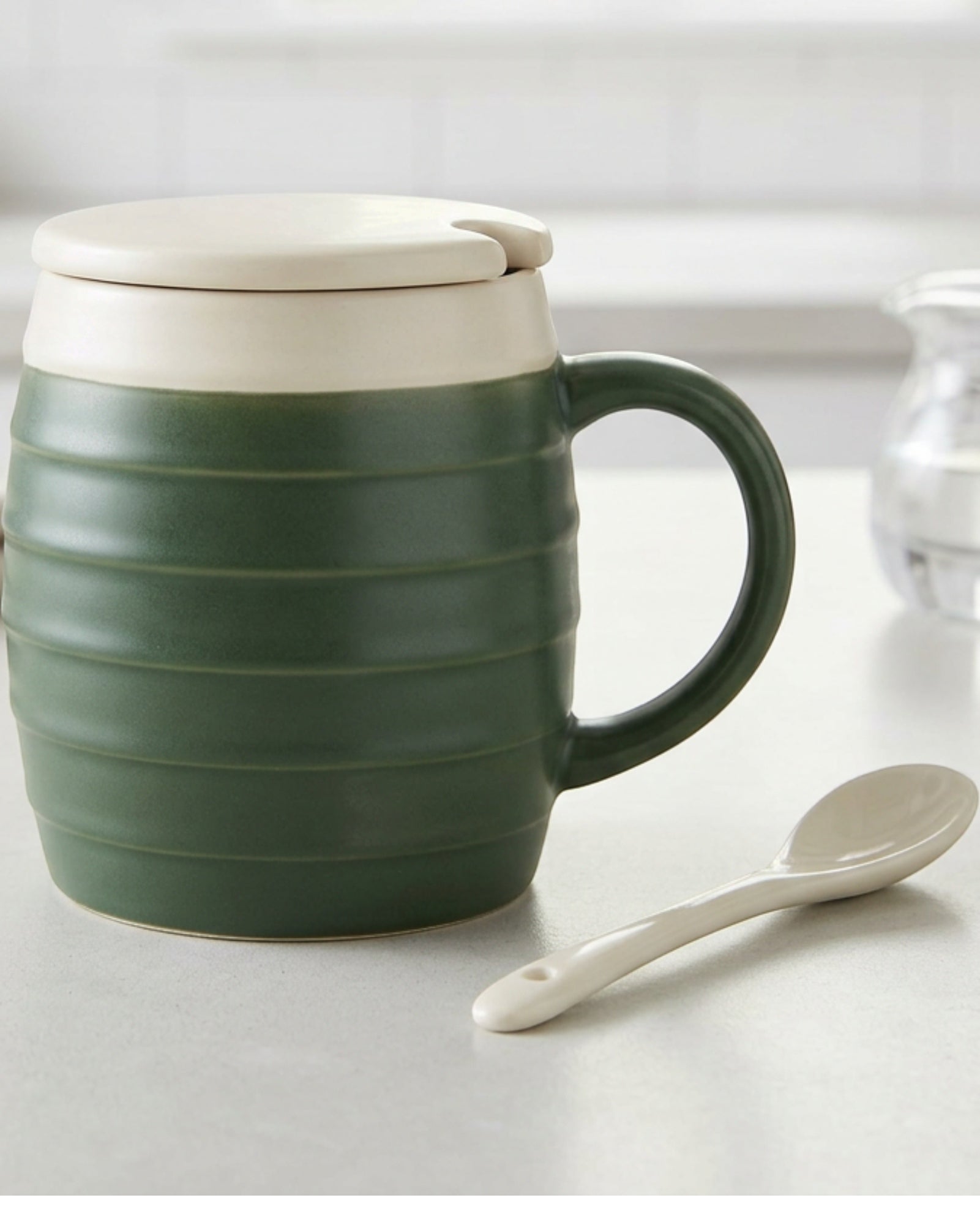 Wvkmb Horizontal Rib Lidded Ceramic Coffee Mug 13 oz Forest Cream - Lifestyle view