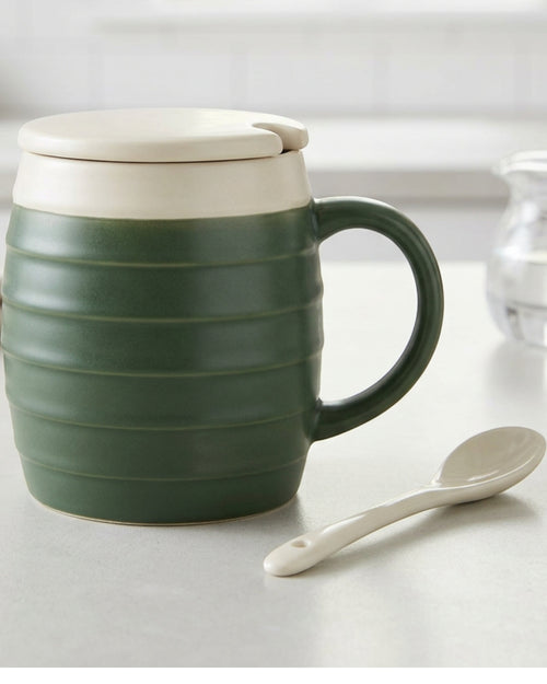 Wvkmb Horizontal Rib Lidded Ceramic Coffee Mug 13 oz Forest Cream - Lifestyle view