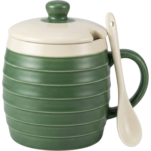 Wvkmb Horizontal Rib Lidded Ceramic Coffee Mug 13 oz Forest Cream - Product view
