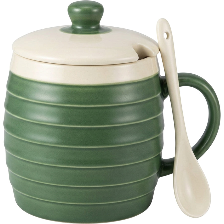 Wvkmb Horizontal Rib Lidded Ceramic Coffee Mug 13 oz Forest Cream